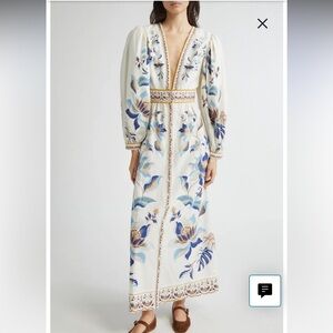 Mystic Blue Lotus Placed Print Long Sleeve Linen Blend Maxi Dress
